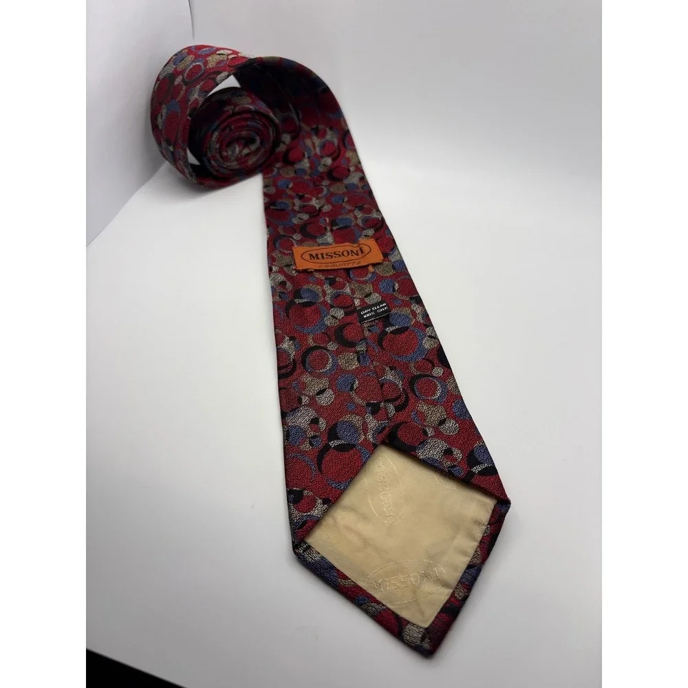Missoni Cravatte Red Silk Geometric Circle Pattern Tie Saks Fifth Avenue Italy